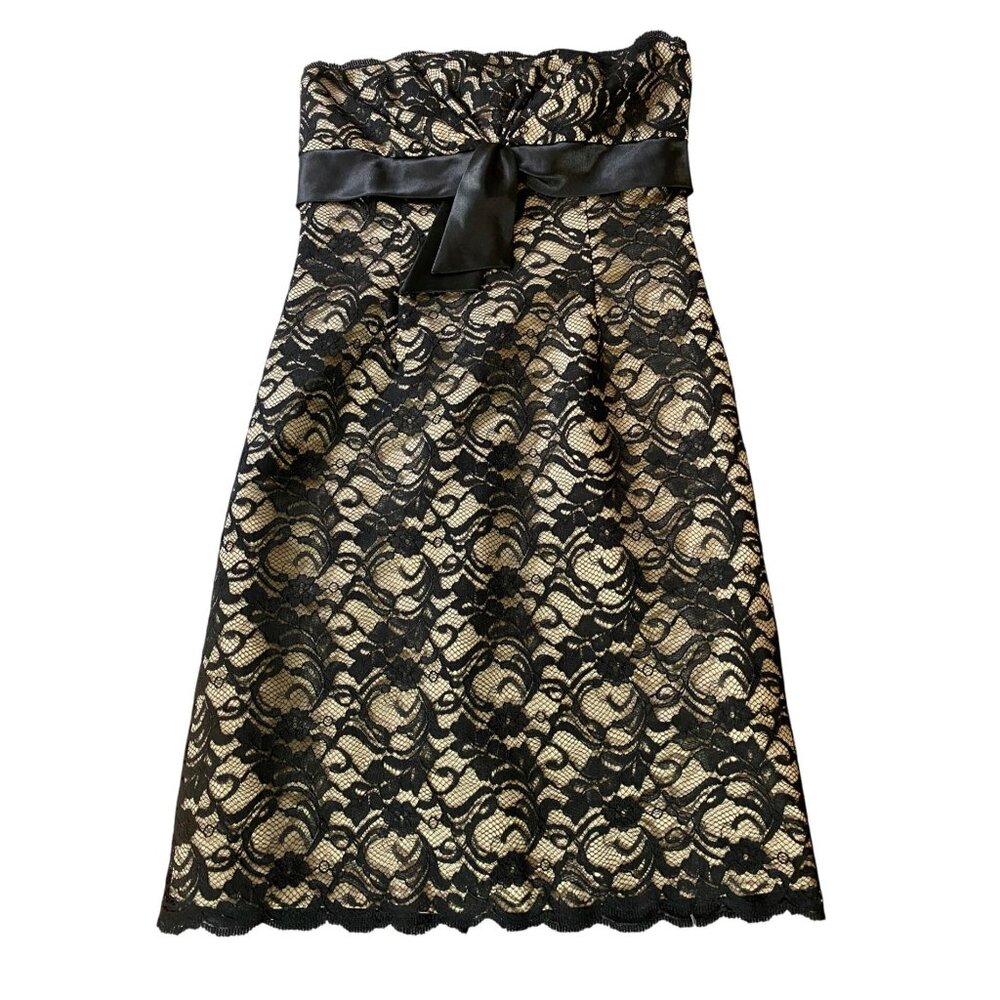 White House Black Market WHBM Strapless Black Lace Dress Satin Ribbon Accent